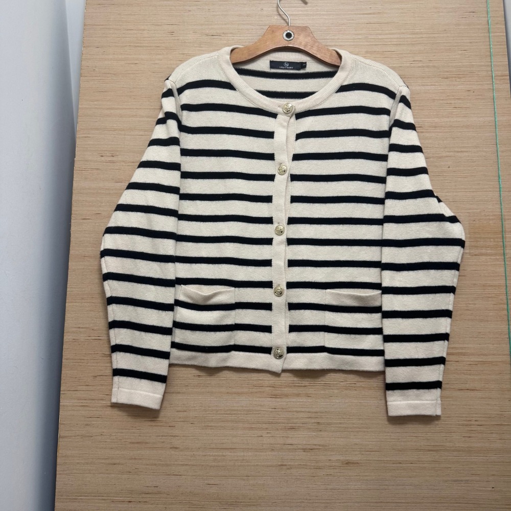LILLUSORY Womens Striped Cardigan Sweater Gold Buttons Cream Black Small 4450